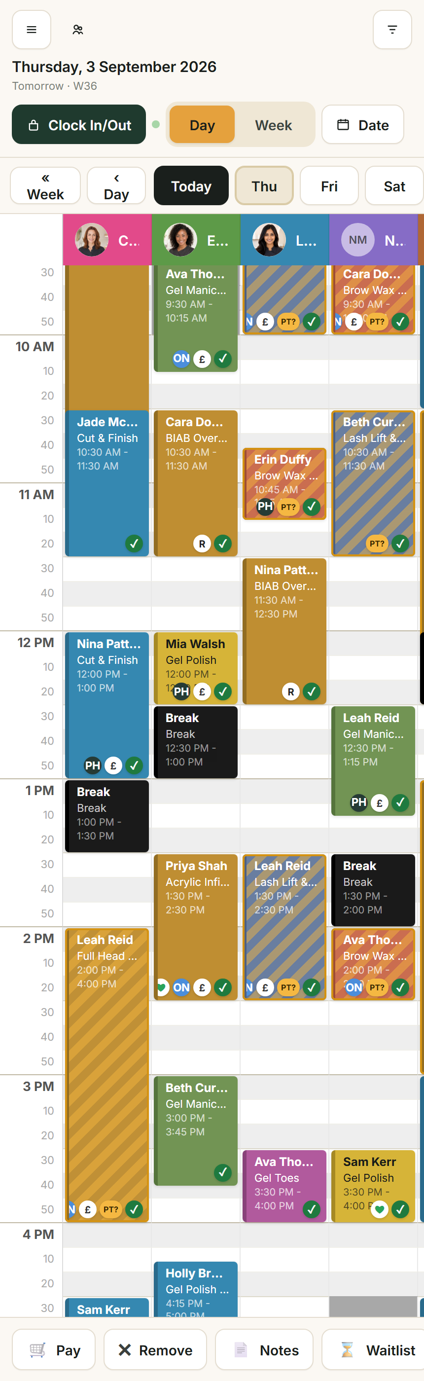The same diary on a phone: the day heading and the staff columns with their bookings