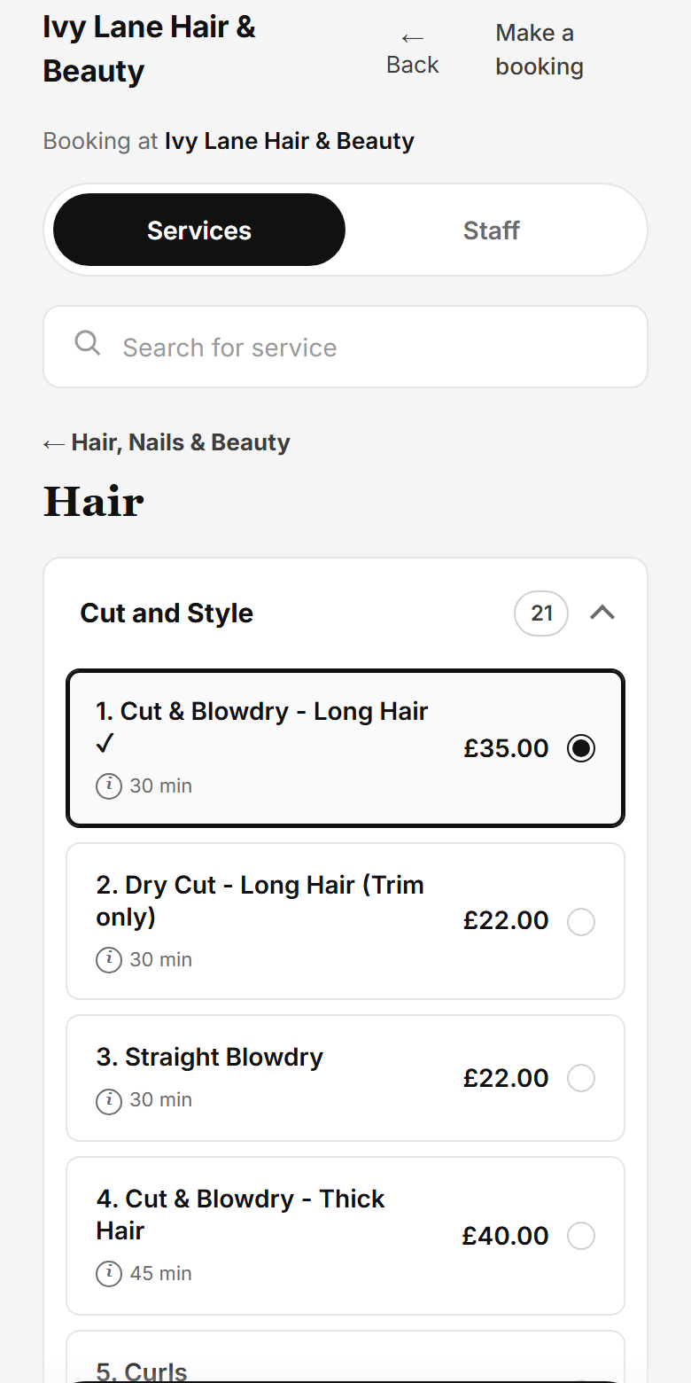The booking page: the Hair services, Cut and Blowdry chosen