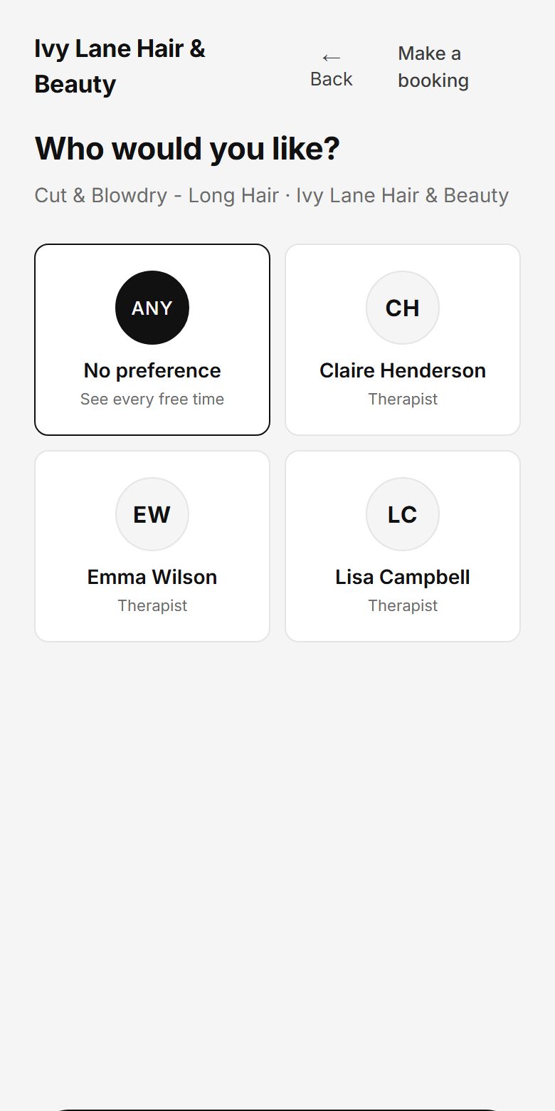 Choosing who with: no preference, or a named stylist
