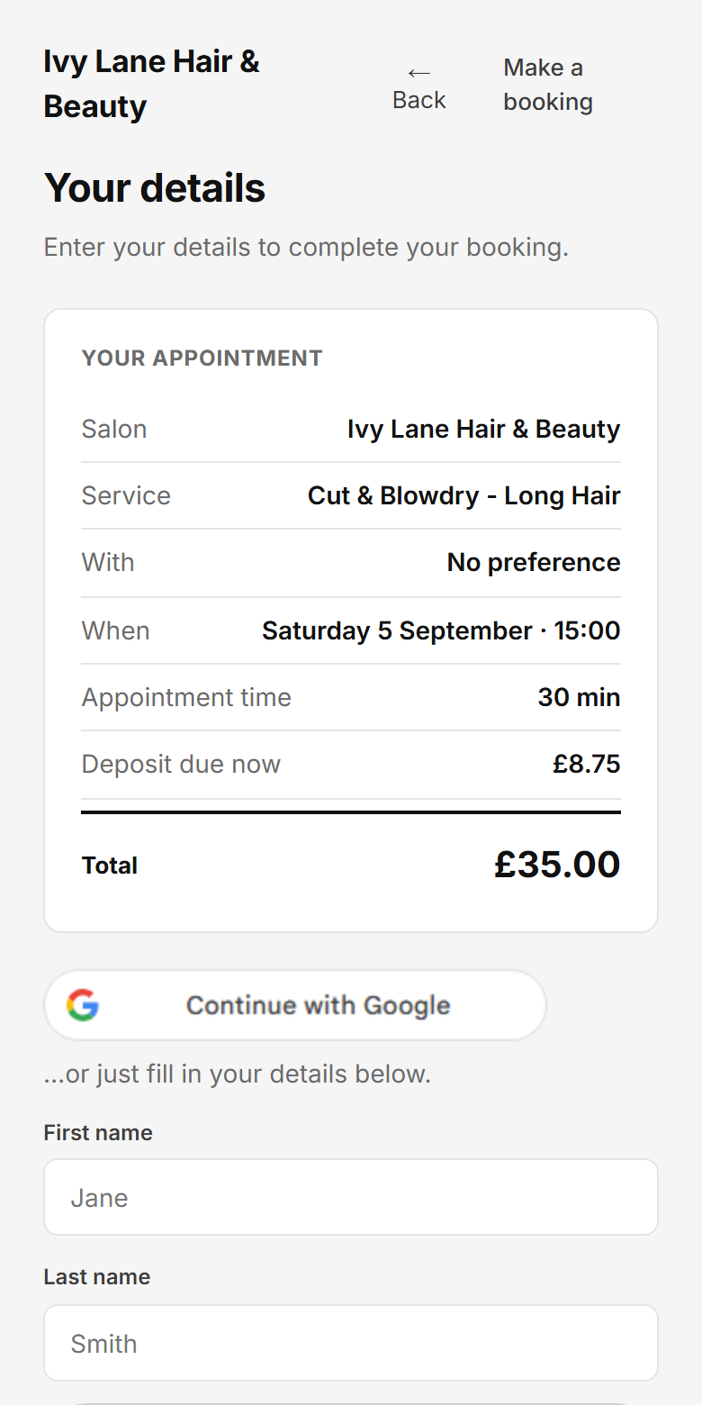 The details step: the appointment summary and the deposit due now